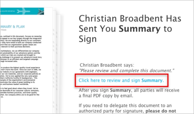 A screenshot of an email showing a blue link with a red box around it that reads Click here to review and sign Summary.