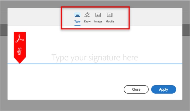 Screenshot of a pop-up window with an Acrobat signature field and a red box around the top bar menu that shows Type, Draw, Image and Mobile as available options.