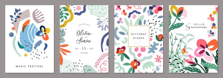 Examples of floral templates for music festival, wedding, birthday and hello summer event.