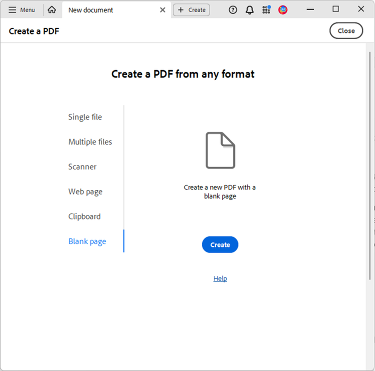 Screenshot from Adobe Acrobat of how to create a PDF file from scratch.