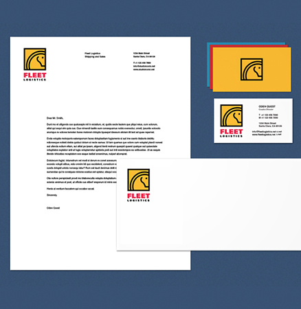 Graphic showcasing a company logo design on letterhead, envelopes and business cards.