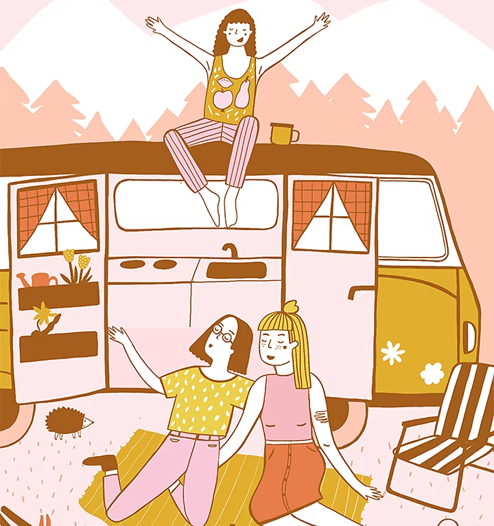 Illustration of two people sitting in front of a camper van with someone sitting on top of it