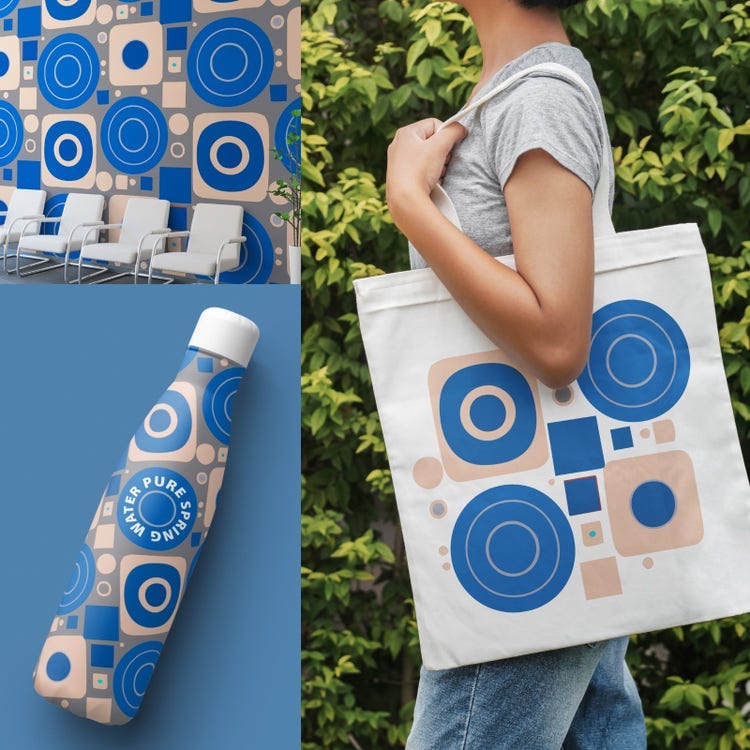 Example of Illustrator's feature "Text to Vector Graphics" generating patterns that can be recolored, scaled, and placed on physical items (wallpaper, bottle, tote bag).