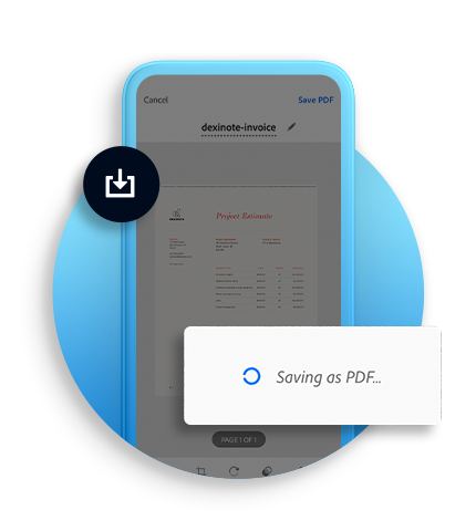 Shranjevanje skeniranega dokumenta kot datoteko PDF v mobilnem telefonu.