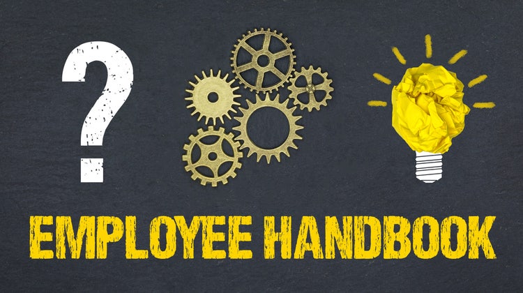 Image depicting a question mark, a group of gears, and a light bulb, with the text 'Employee Handbook' at the bottom.