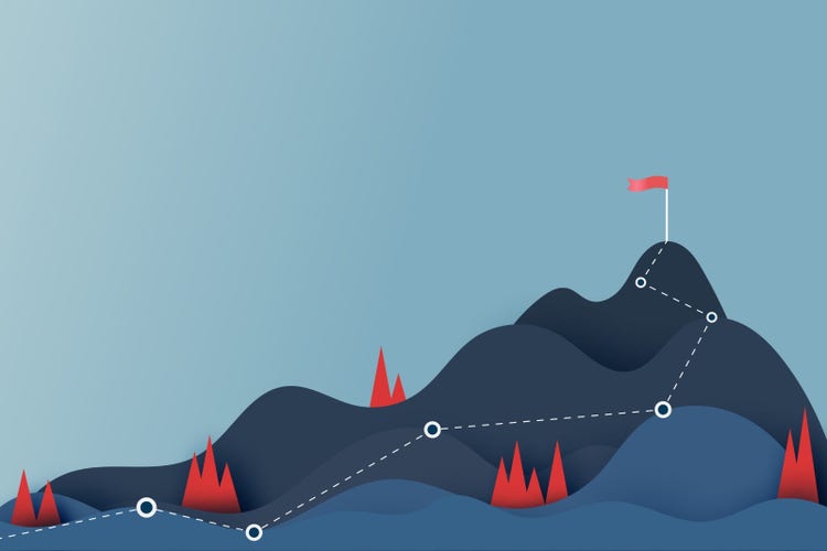 Illustration of a route through mountains to reach the top.