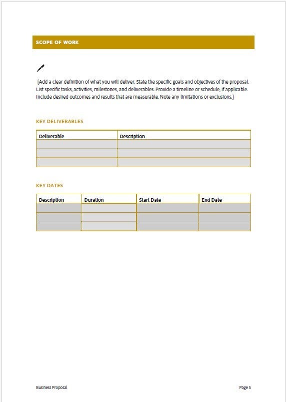 Screenshot of Scope of Work page in free Business Proposal Template PDF.