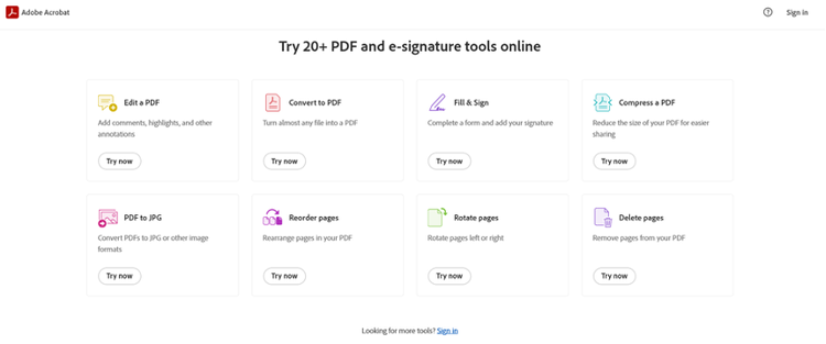 Screenshot from Adobe Acrobat Online showing some of the tools available.