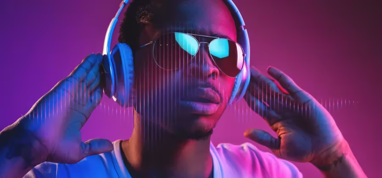 An image of a soundwave superimposed over a man listening to high bitrate music with headphones