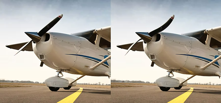 Plane propeller image with a rolling shutter effect next to one without the effect