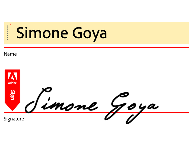 ชื่อ Simone Goya ที่เขียนด้วยแบบอักษรเรียบๆ และด้านล่างมีไอคอนให้เซ็น เช่นเดียวกับบรรทัดลายเซ็นที่มีชื่อเขียนไว้ในรูปแบบของลายเซ็น