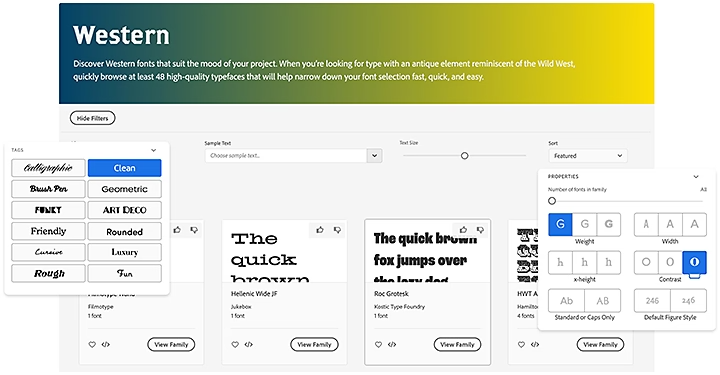 หน้าต่างค้นหา Adobe Fonts พร้อมแบบอักษรสไตล์ตะวันตก