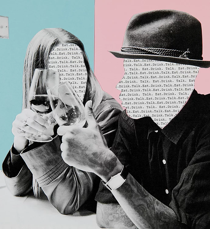 Photomontage of two people clinking glasses with their faces replaced by writing