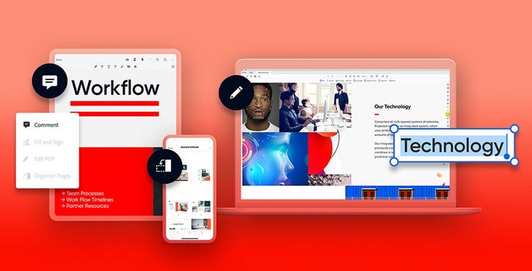 Different features for Adobe Acrobat DC displayed on a graphic of a tablet device, mobile phone, and laptop