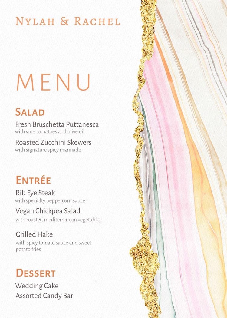 Orange & Gray Glam Guilded Marble Wedding Menu