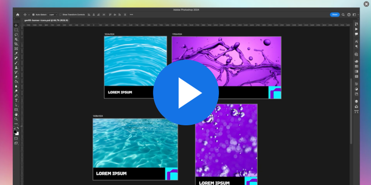 https://main--cc--adobecom.hlx.page/cc-shared/fragments/modals/videos/business/enterprise/uc3#uc3 | A video thumbnail image showing the Adobe Photoshop UI with four images on a canvas. The images show different visual backgrounds, including a blue ripple effect, shimmering blue water, splashing purple liquid and purple bubbles. All images have a “Lorem Ipsum” label at bottom. | :play: