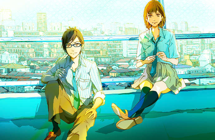 Manga-style drawing of two teenagers hanging out on the side of a road overlooking a city.