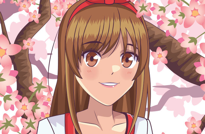 Anime drawing of a girl with brown eyes surrounded by sakura.