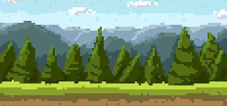 a digital landscape of trees, mountains and sky in pixel art style