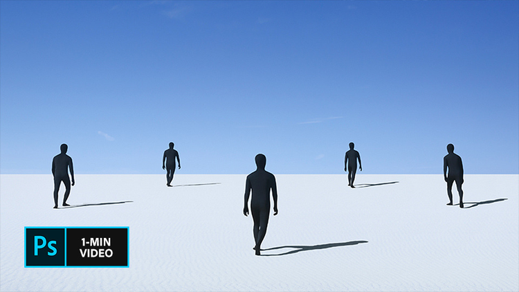 Five figures in black body suits walking on white sand, each casts a shadow to the right