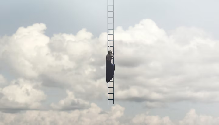 Woman in search of freedom climbs a surreal staircase that descends from the sky