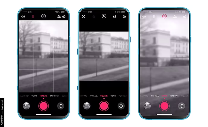 ui-ux-design-camera-app-for-mobile-shooting-modes-normal-portrait-square-video-and-advanced-settings-mobile-app-design-mockups-set