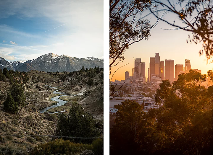 Two images sides by side: one of a river flowing from a snow-covered mountain and the other of a cityscape seen through an opening in tree branches