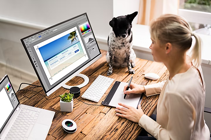 young professional using web design computer software at desk