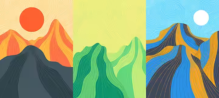 trio of colourful landscape drawings in orange green blue and grey