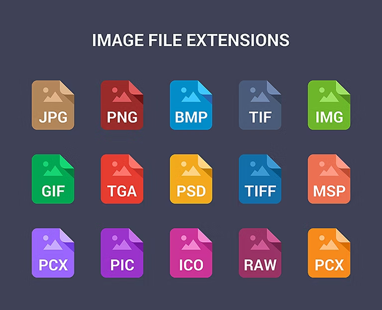 a selection of common image file extensions in coloured tiles