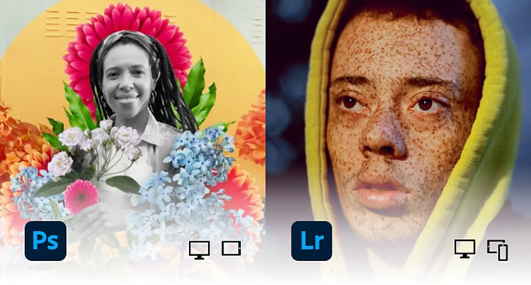 Adobe Photoshop Lightroom and Adobe Photoshop icons superimposed over images.