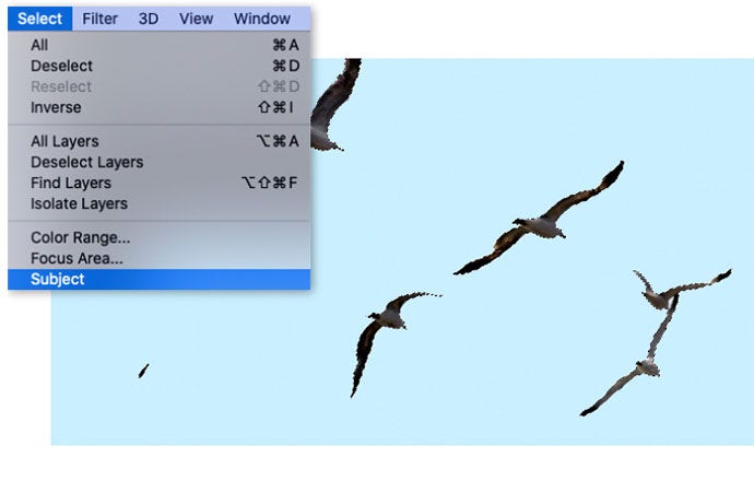 Adobe Photoshop select menu next to image of birds flying