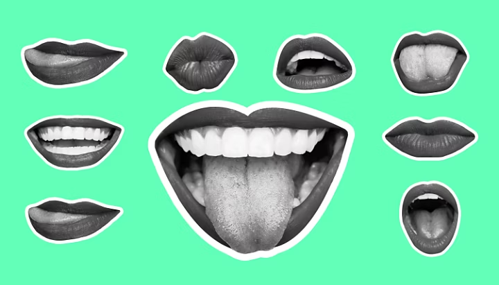 Collage in magazine style with female lips on bright mint background smiling mouthes screaming scratching different emotions modern design creative artwork style human emotions concept