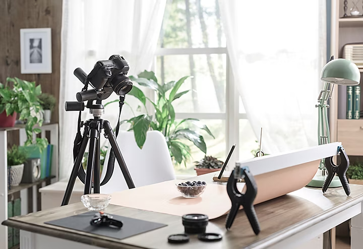 food photography set up at table with camera and tripod