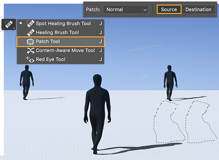 Use the patch tool in Photoshop to remove footprints in sand