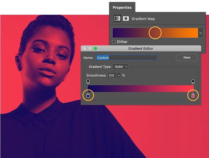 Double-click color stops and use Color Picker to set colors in gradient