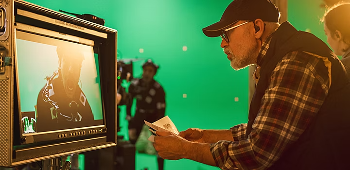 A director reviewing notes and a preview screen on a production set