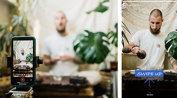 Two photos: A photo of a person using a mobile phone attached to a tripod to record themselves making a short video next to a photo of a short video being watched on a social platform story timeline