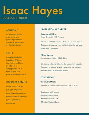 Blue and Orange Writer and Journalist University Student Resume Resume Examples