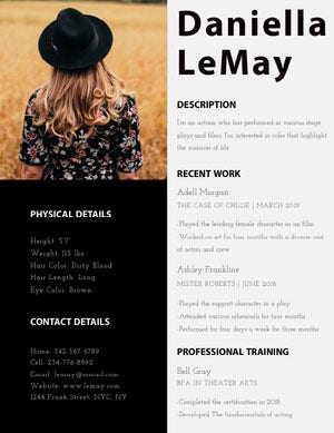 Black and Brown Actress Resume with Photo of Woman Resume Examples