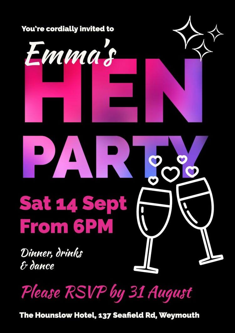 Black Pink Purple Hen Party Invitation