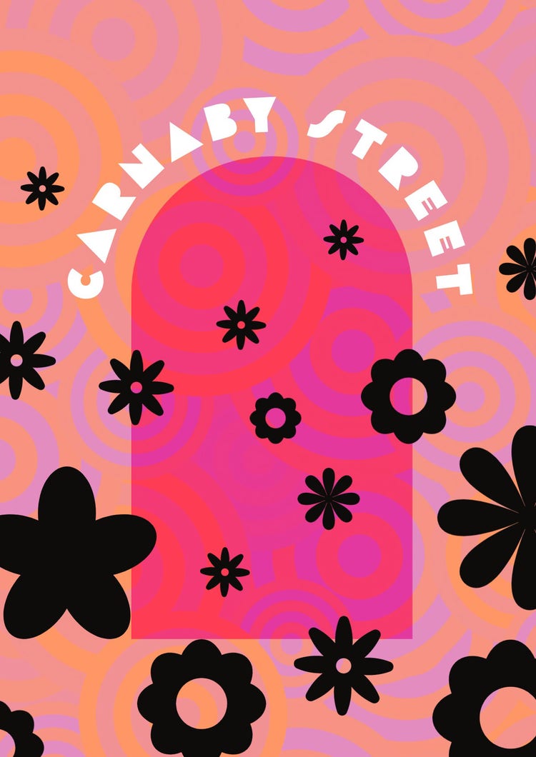 Pink Purple & Black Flower Power Carnaby Street A3 Poster