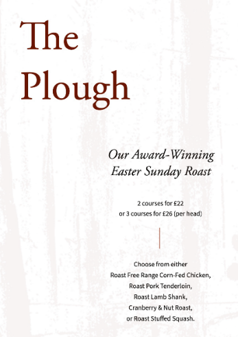 Brown and White Pub Easter Sunday Lunch A4 Menu Set