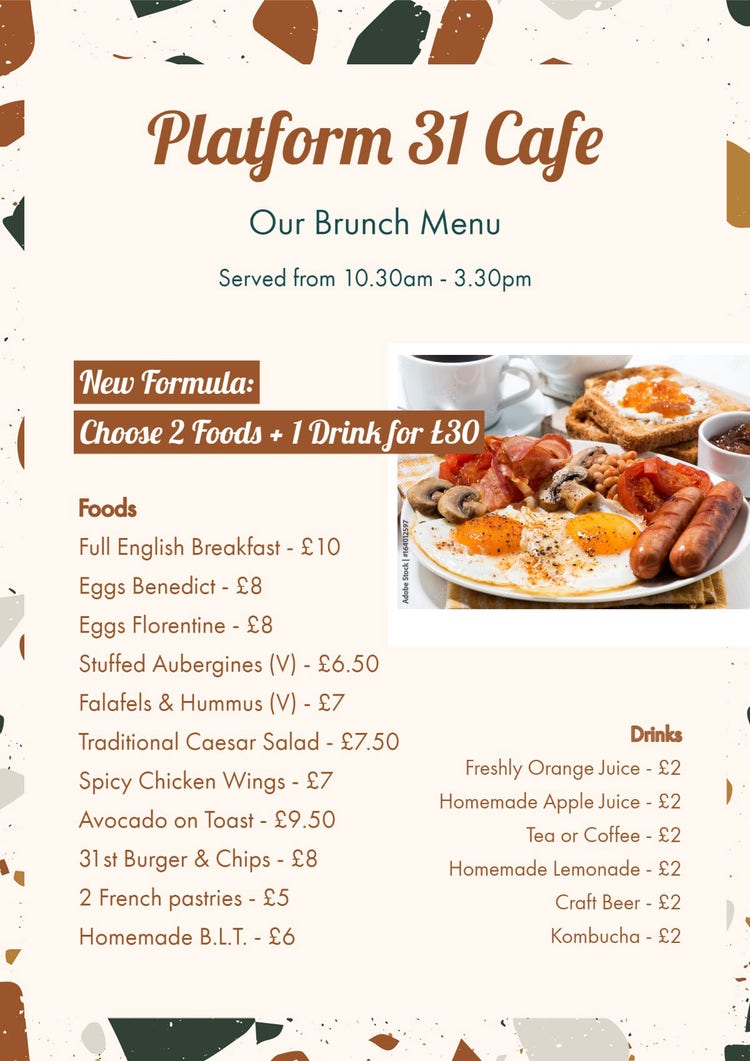 UK Warm Toned Food Photo and Terrazzo Texture Cafe Brunch Menu
