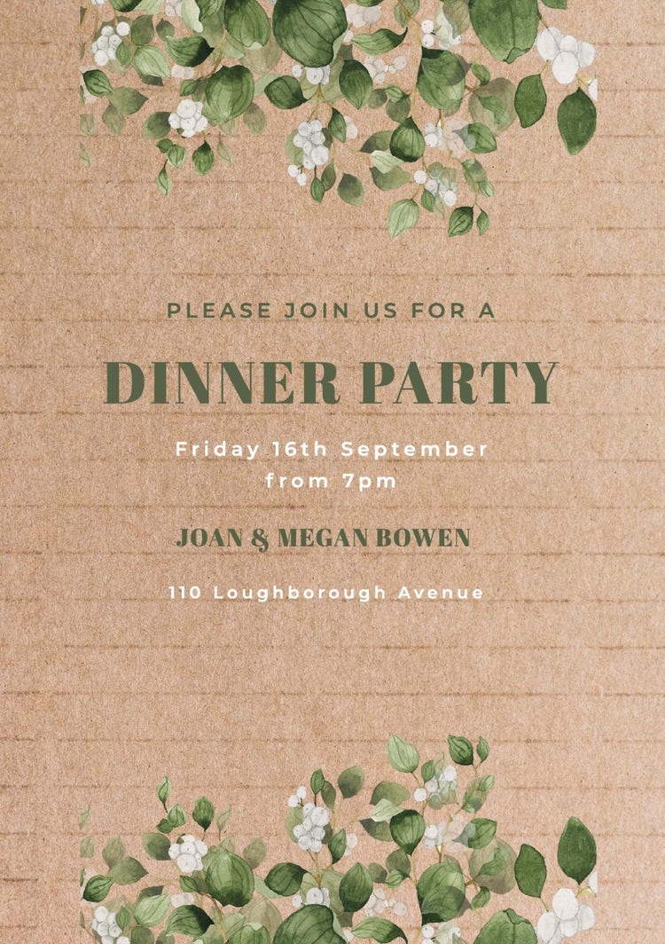 Brown Green & White Botanical Dinner Party A5 Invitation