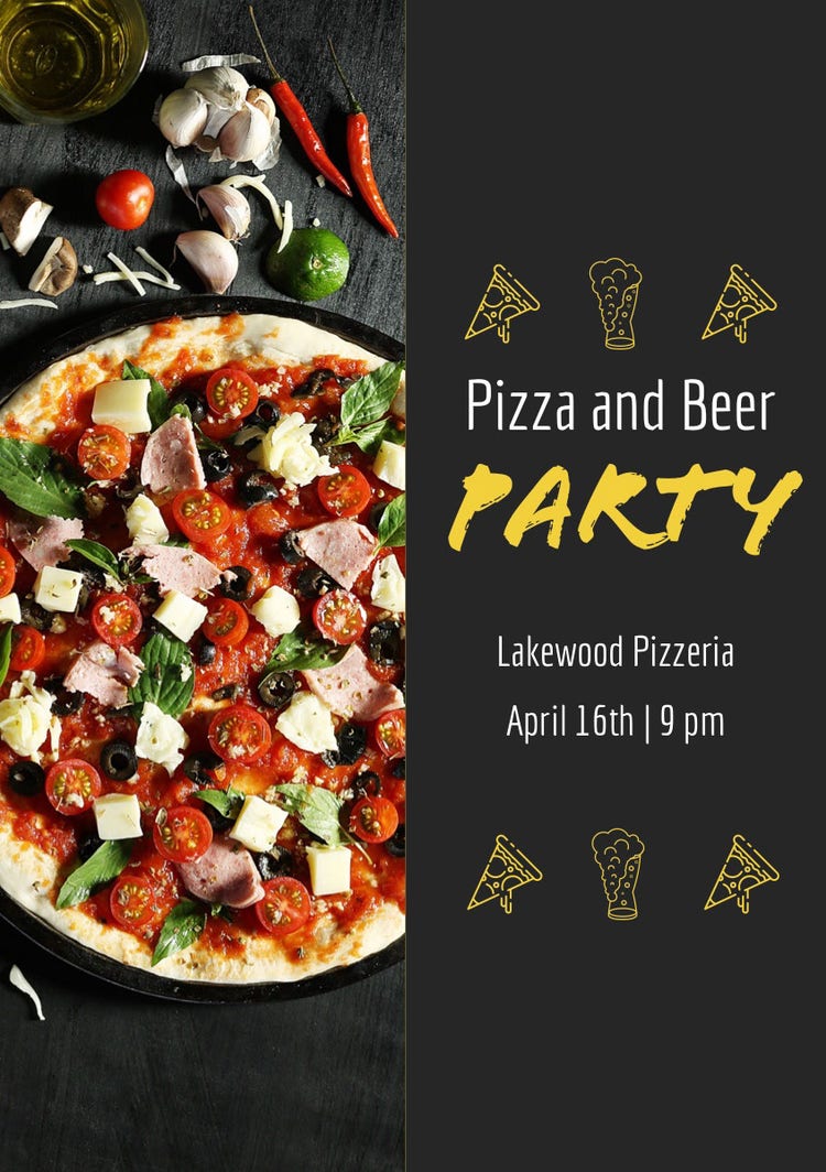 Black Photo Pizza And Beer Party Invitation Card