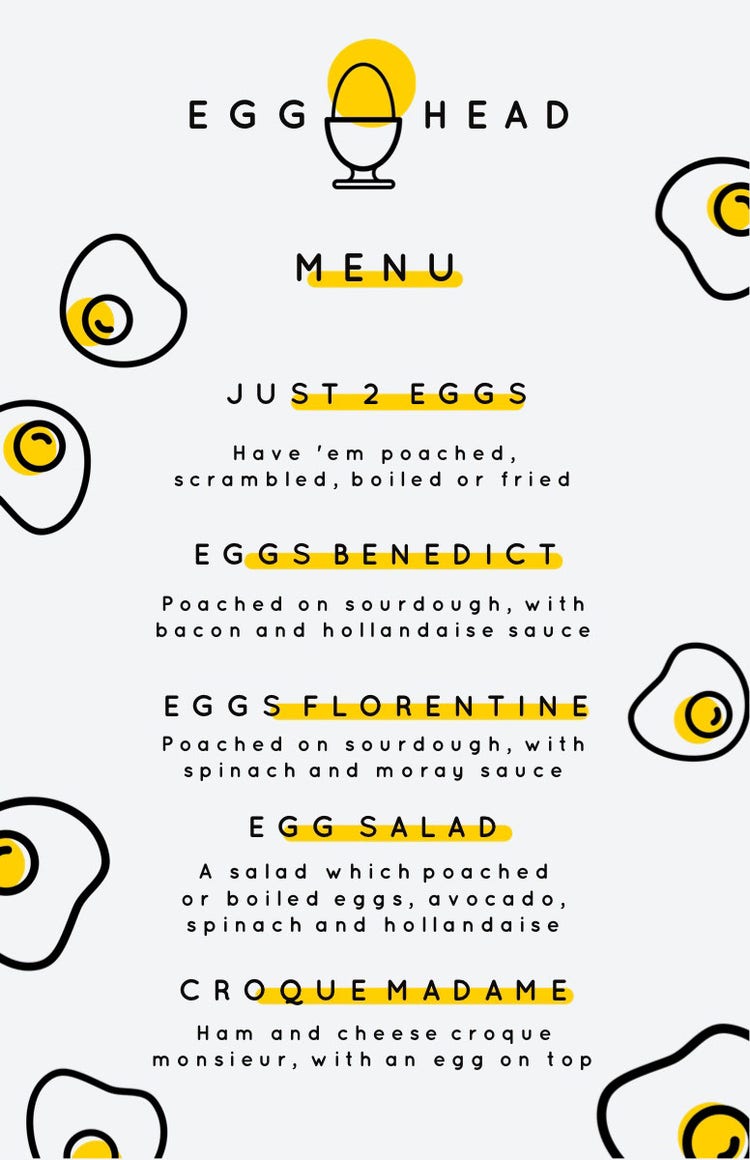 Yellow Illustrated Egg Restaurant Menu