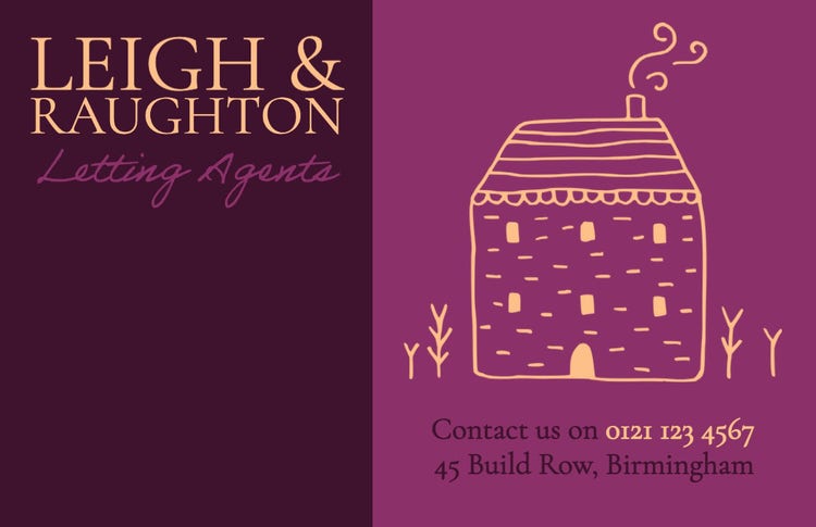 Purple & Cream Cute Illustrated House Letting Agents Business Card Horizontal