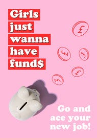 Pink Red & White Girls Just Wanna Have Funds Piggy Bank New Job Greeting Card