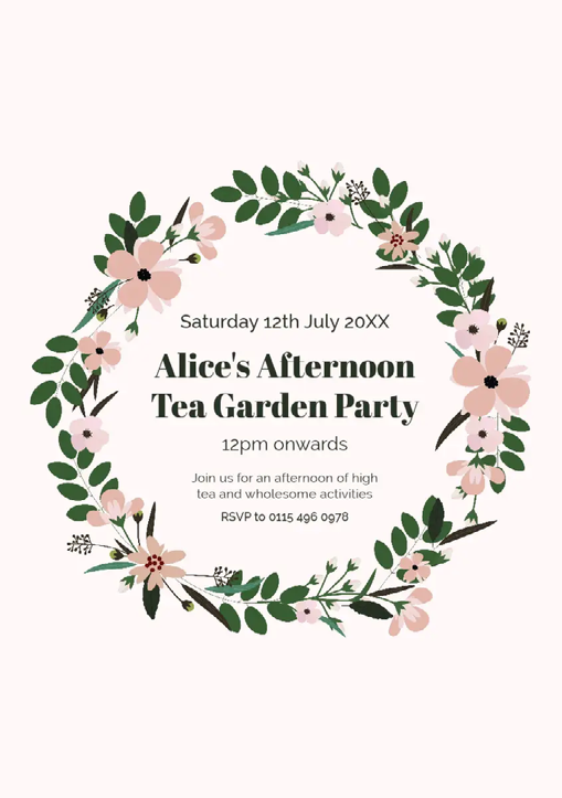 A invitation card with a wreath of flowers Description automatically generated